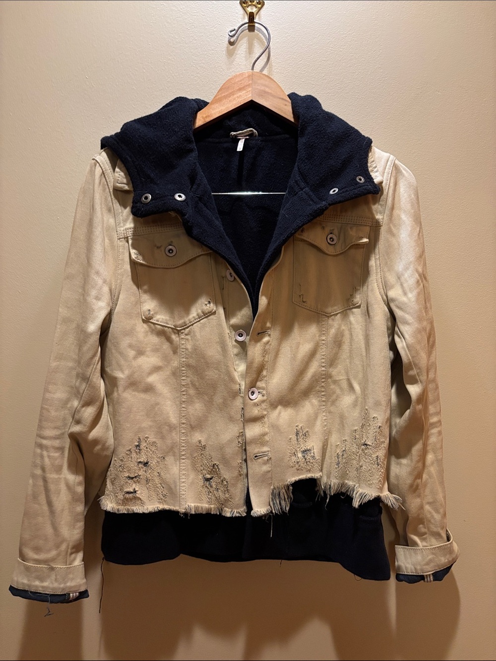 Free People Beige Two-Tone Hooded Shirt Jacket with Black Hood